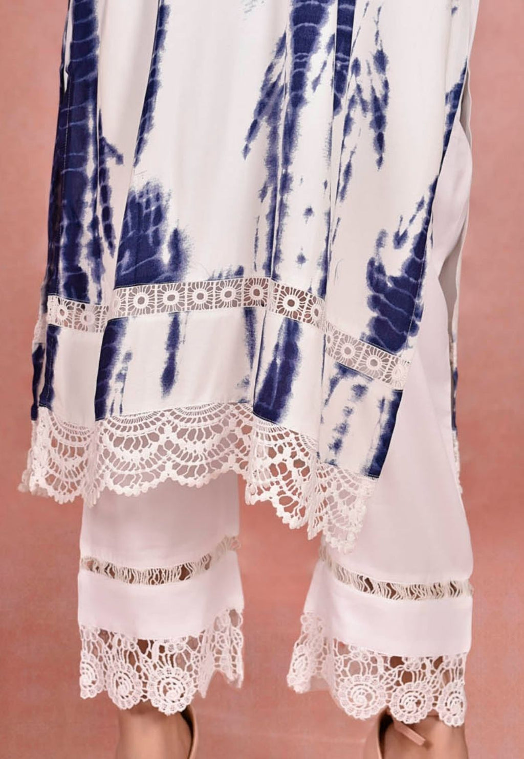 Blue Coloured Tie and Dye Kurta with White Lace Pants
