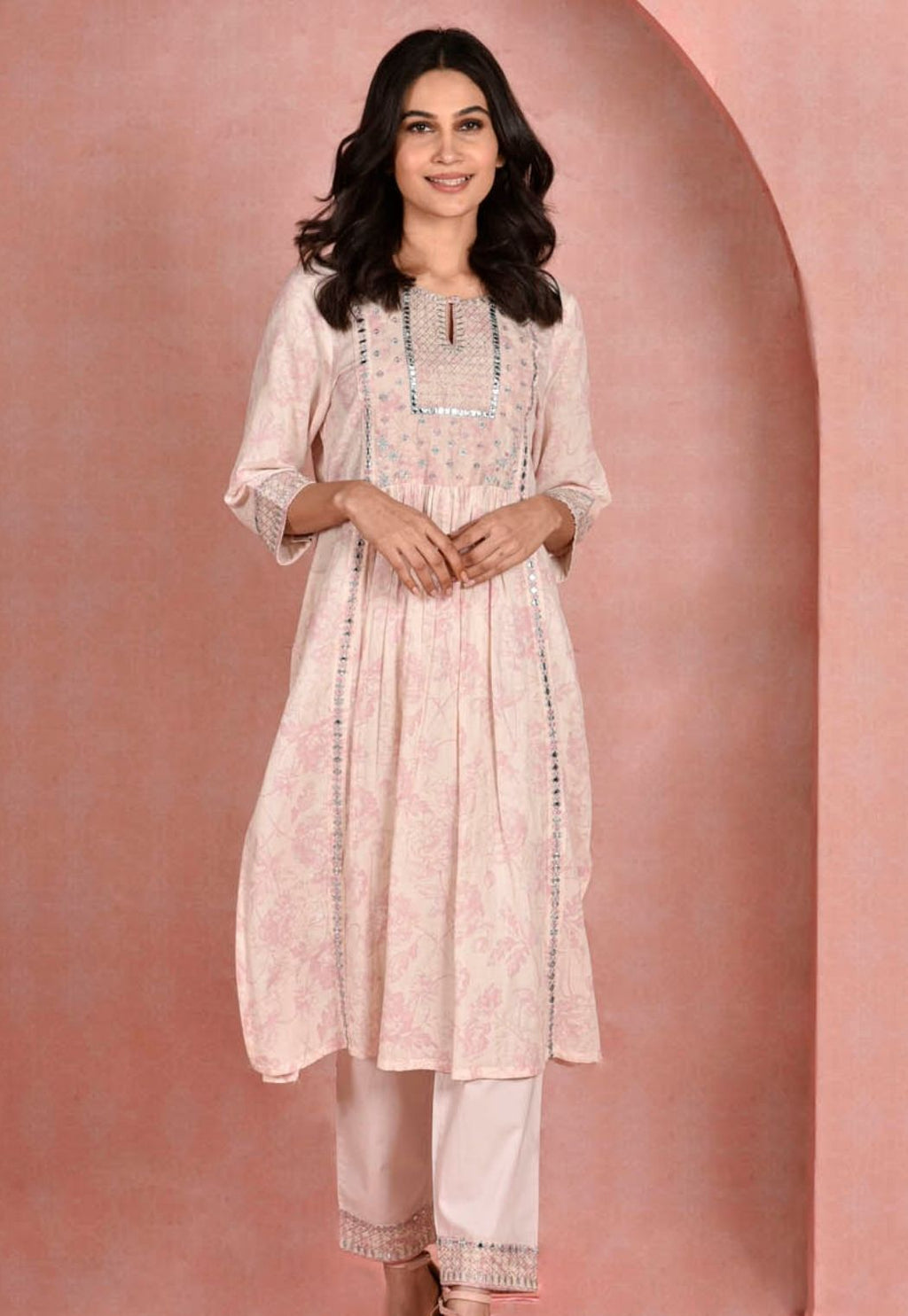 Ahalyaa Women Pink Crepe Glitter Printed Kurta with Dhoti Pants