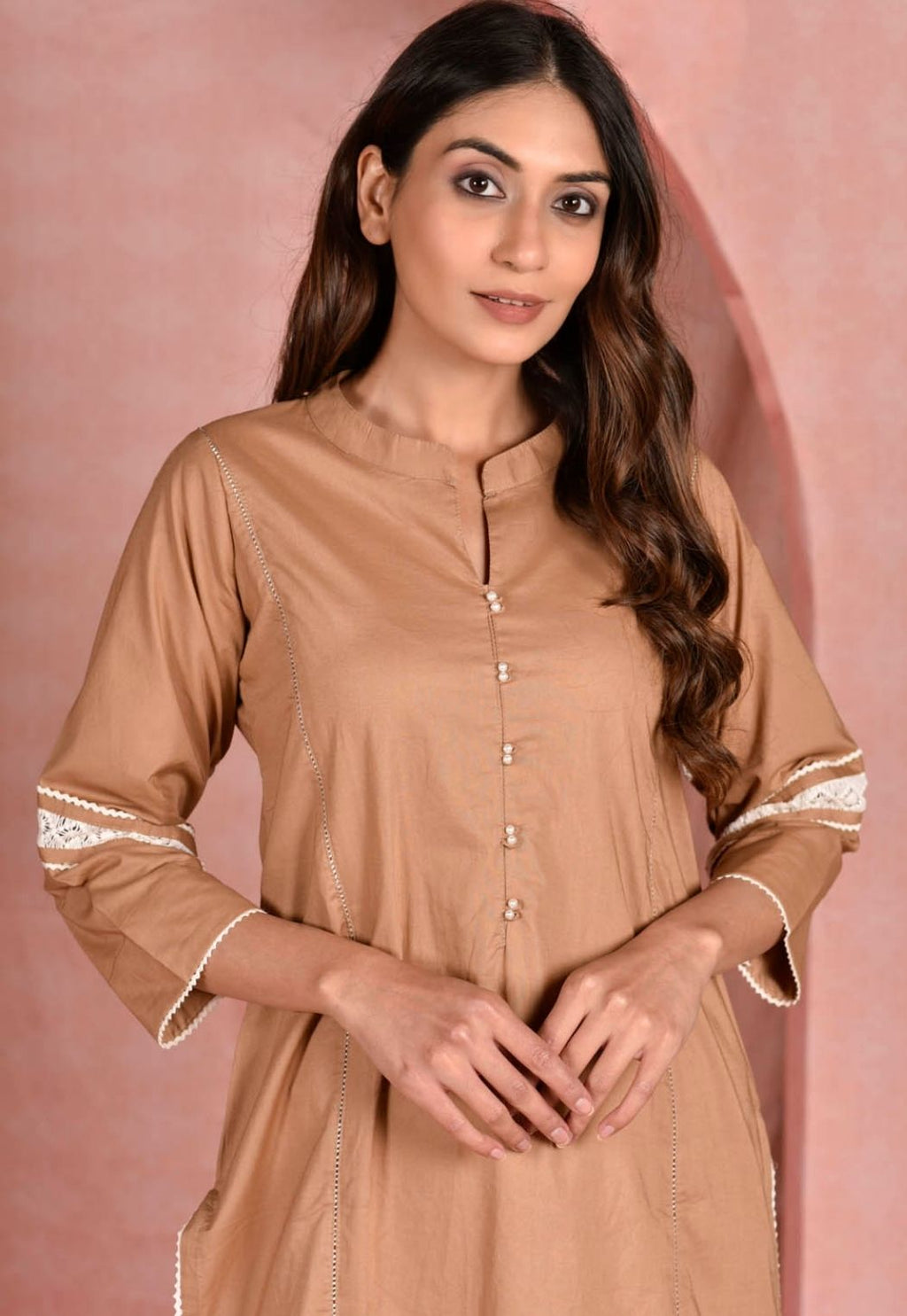 Beige Kurta with Lace Details Paired With White Pants