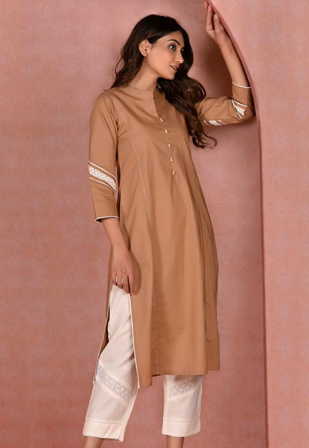 Beige Kurta with Lace Details Paired With White Pants