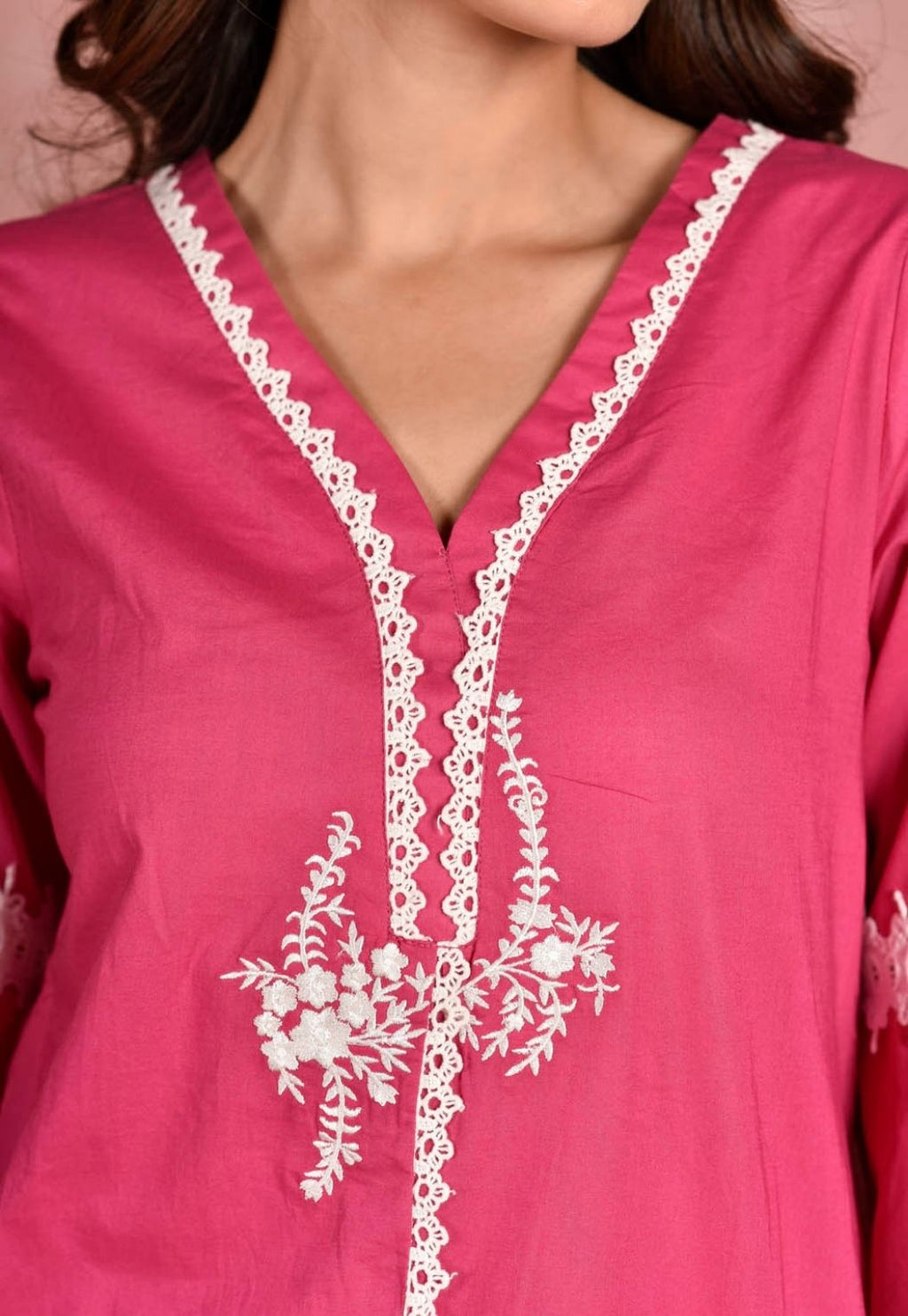 Pink Lace Kurta with Solid White Coloured Pants
