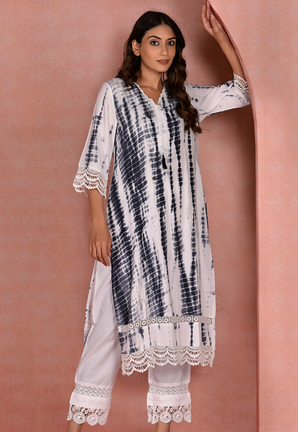 Black Coloured Tie and Dye Kurta with White Lace Pants